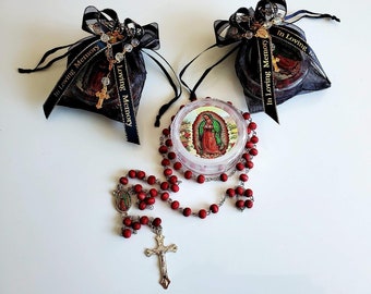Rest In Peace, In Loving Memory Black Organza Bags Red Our Virgin Of Guadalupe Rosaries (CUSTOMIZE with your own INFORMATION) Party Pack 12