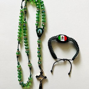 Set de San Judas Tadeo: Verde Rosario de Cristal y Pulcera Tejida a Hilo con La Bandera de Mexico