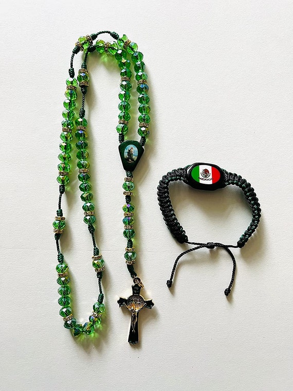 Set De San Judas Tadeo: Verde Rosario De Cristal Y Pulcera Tejida