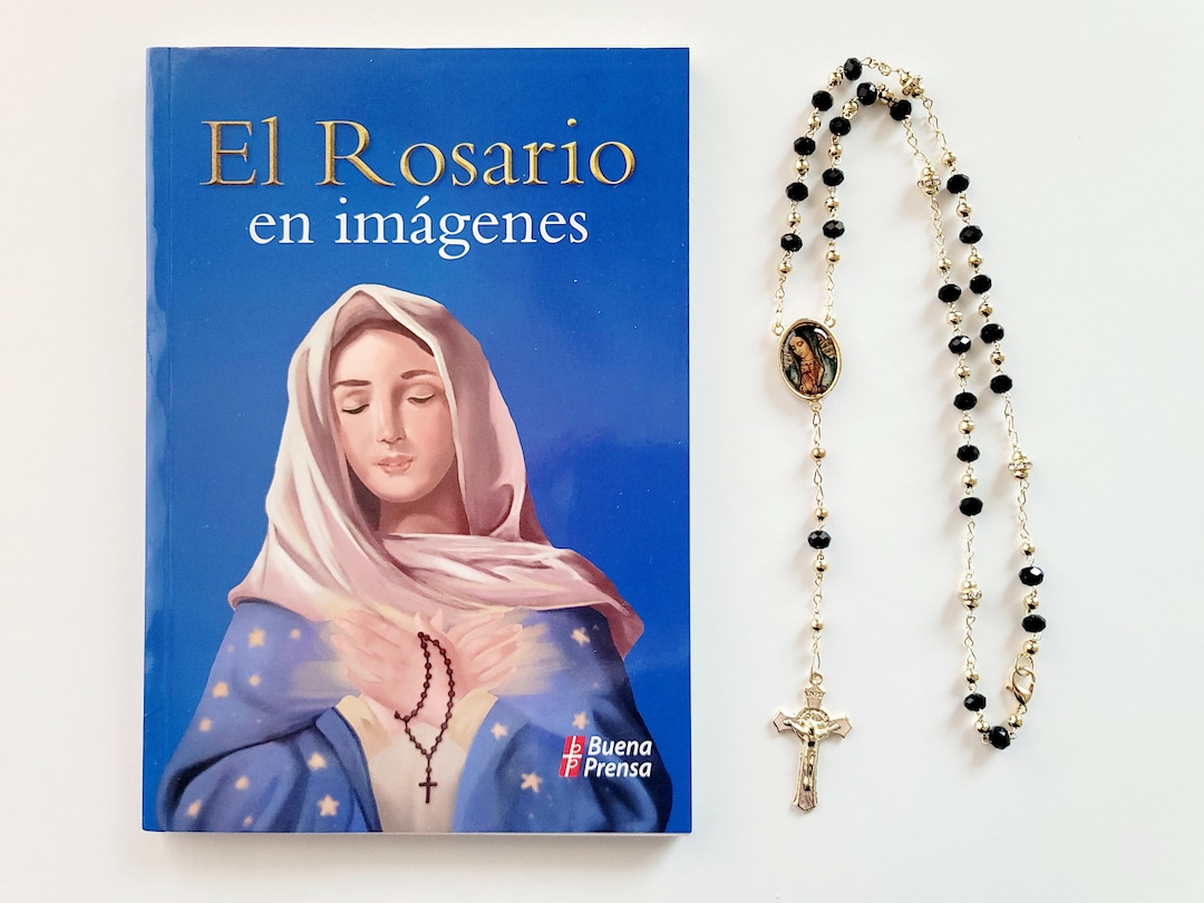 Libro De Rezo "el Rosario En Imagenes" Y Rosario Dorado Y Negro De