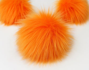 Orange Faux Fur Pom OR DIY Square - Fur Poms - Poms For Beanies - Fluffy Pom Poms- Orange Pom Pom