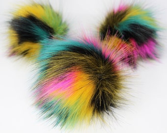 Black/Neon Mix Faux Fur Pom OR DIY Square- Fur Pom - Pom For Beanies - Fluffy Pom Pom-