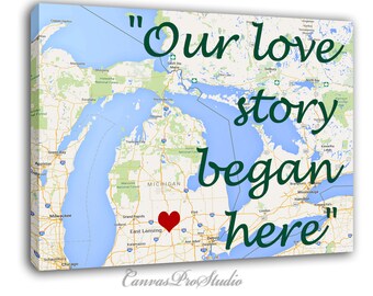 Personalized Map Art, Custom Canvas Birthday Gift, Anniversary Gift, Heart Map Canvas, Love Story, Our love began here  Ask a Question