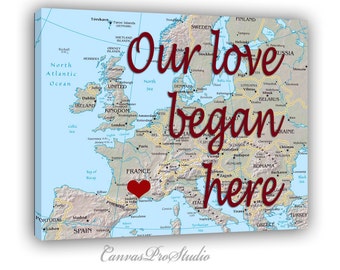 Personalized Map Art, Custom Canvas Birthday Gift, Anniversary Gift, Heart Map Canvas, Love Story, Our love began here  Ask a Question