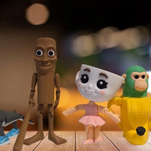May include: A selection of quirky figurines: a tree-like character, a shark with trainers, a wooden figure, a ballerina, a monkey in a banana, and a ninja coffee cup. The figures are vividly coloured and have exaggerated features.