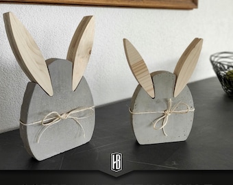 Set of 2 Easter decorative bunnies made of concrete with wooden ears and decorative ribbon