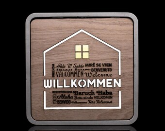 Home Willkommen Design LED Lichtkasten Beton / Holz - Deko Ambiente