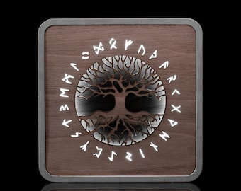 Celtic Tree of Life Runes Design LED Light Box Concrete / Wood - Decorative Ambience