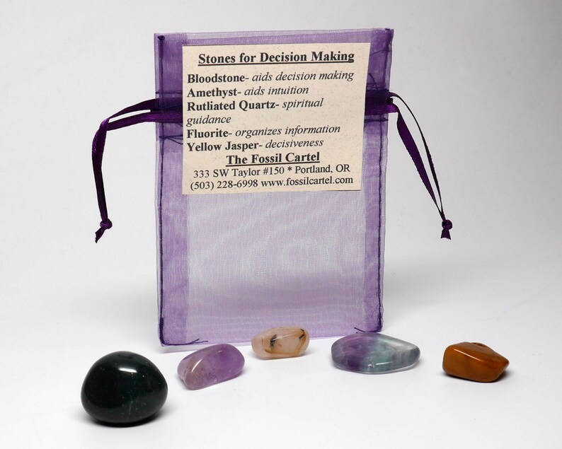 May include: A purple pouch with a drawstring closure containing five tumbled stones: green, purple, clear with black inclusions, green and purple, and orange. The pouch has a label that reads "Stones for Decision Making" and lists the stones and their properties. The label also includes the name and contact information for The Fossil Cartel.