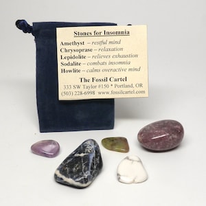 May include: A blue velvet pouch with a card that reads "Stones for Insomnia" and lists the stones and their properties. The pouch contains five tumbled stones: amethyst, chrysoprase, lepidolite, sodalite, and howlite. The Fossil Cartel logo and contact information are printed on the card.