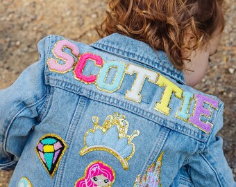 Machine Sewn Highest Quality Denim Jean Jacket with Chenille Custom Patches  for baby, toddler, girls Machine Washable