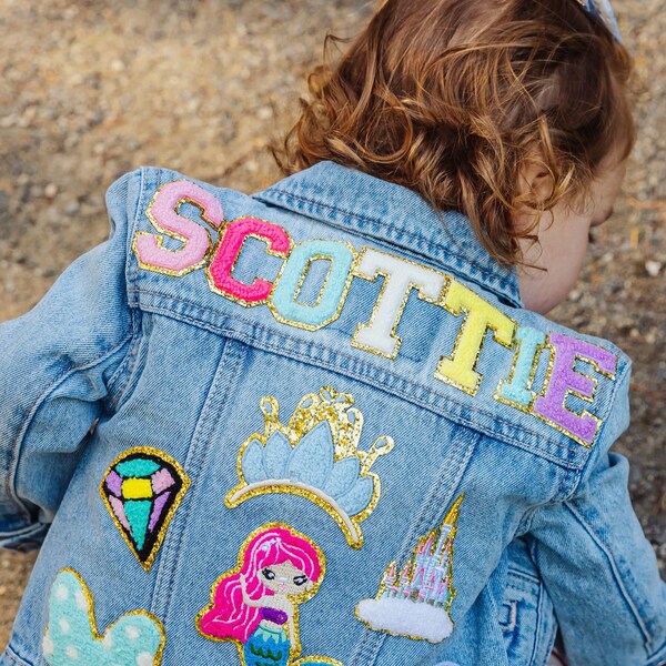 Machine Sewn Highest Quality Denim Jean Jacket with Chenille Custom Patches  for baby, toddler, girls Machine Washable