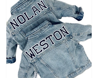 Machine sewn Boys Personalized Top Quality Denim Jean Jacket with Varsity Stadium Letters and one optional Patch Washable