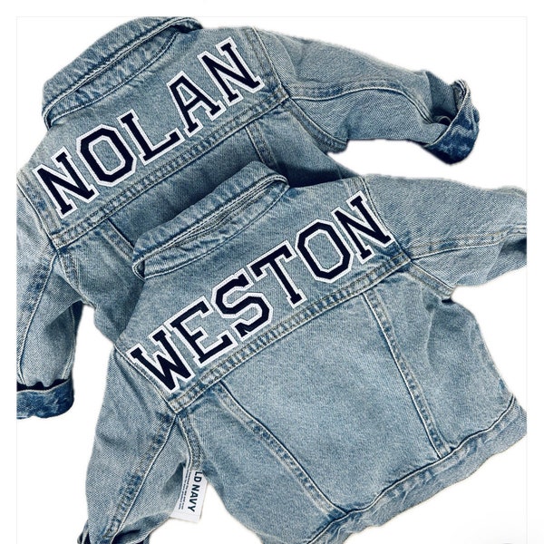 Machine sewn Boys Personalized Top Quality Denim Jean Jacket with Varsity Stadium Letters and one optional Patch Washable