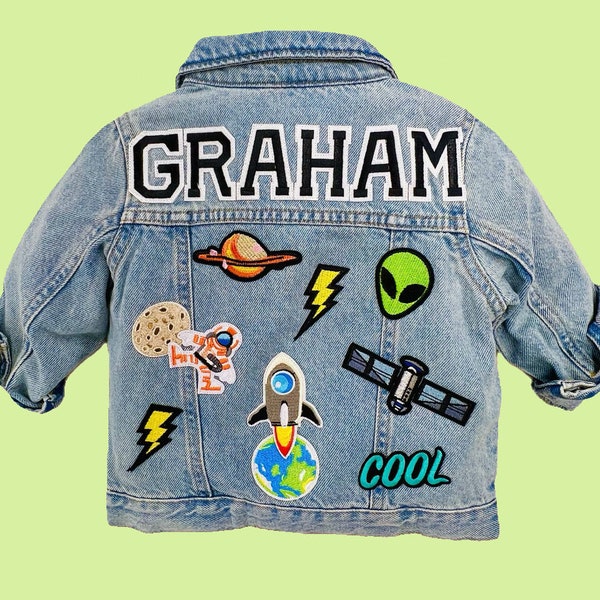 Machine sewn on patches. premium Denim Jean Patch Jacket for Boys or Girls Kids Outer Space, Trucks, Monster Trucks, Super Heroes