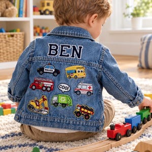 Personalized Denim Jacket with Sewn-On Vehicle Patches for Boys, Toddlers