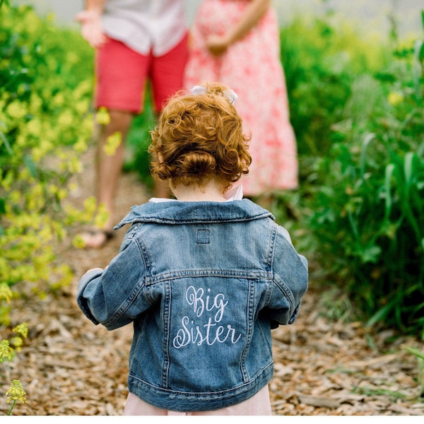 Big Sister, Brother embroidered on premium denim jackets Gap runs smaller than Old Navy