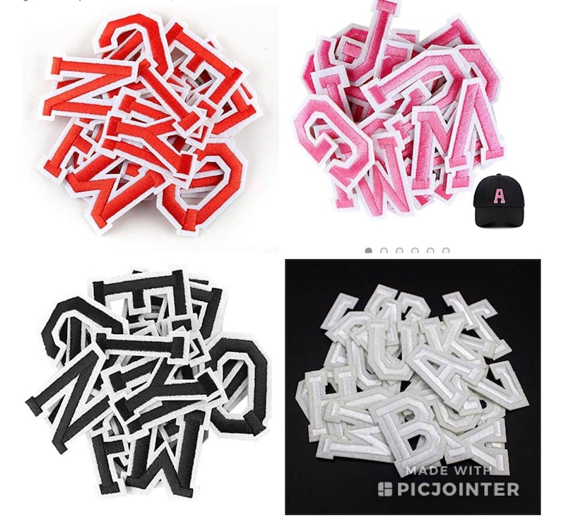 May include: Assortment of iron-on letters in red, pink, black, and white. The letters are in a variety of fonts and sizes. The letters are perfect for adding a personal touch to clothing, bags, and other items.