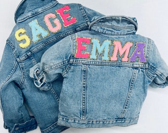 Machine Sewn High Quality Denim Jean Jacket sequined edge Chenille Varsity Letters PLEASE READ DESCRIPTION!