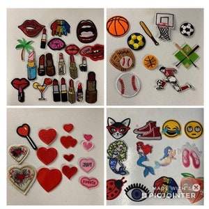 May include: A collection of embroidered patches featuring various designs. Includes lipsticks, lips, hearts, sports equipment like baseballs and basketballs, mermaids, and emojis. Patches are in various colors, including red, pink, and black.