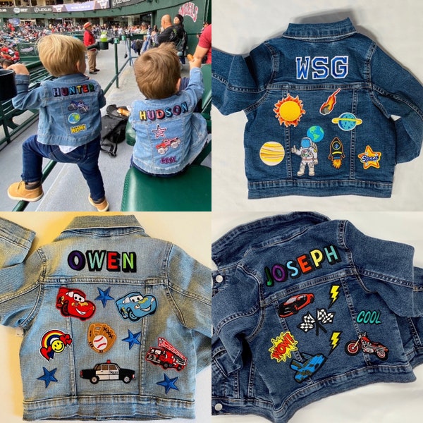 Machine sewn on patches. premium Denim Jean Patch Jacket for Boys or Girls Kids Trains, Trucks, Outer Space,Monster Trucks, Super Heroes