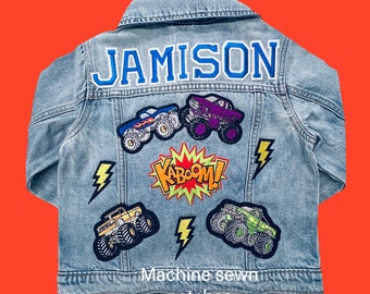Machine sewn on patches. premium Denim Jean Patch Jacket for kids Trains, Monster Trucks, Super Heroes etc.