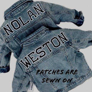 Machine sewn Boys Personalized Top Quality Denim Jean Jacket with Varsity Stadium Letters and one optional Patch Washable