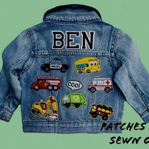Unlimited Patches on Jacket Back. Construction Truck machine sewn patches on Denim Jean Jacket for Girls or Boys machine sewn and washable