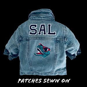 Machine sewn Boys Personalized Top Quality Denim Jean Jacket with Varsity Stadium Letters and one optional Patch Washable