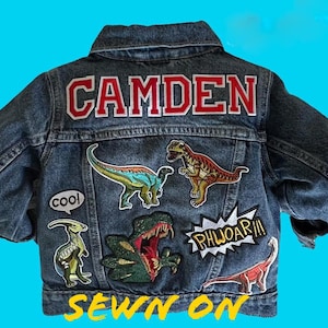 Personalized Dinosaur Patches Denim Jacket - Kids Toddler Machine sewn Washable