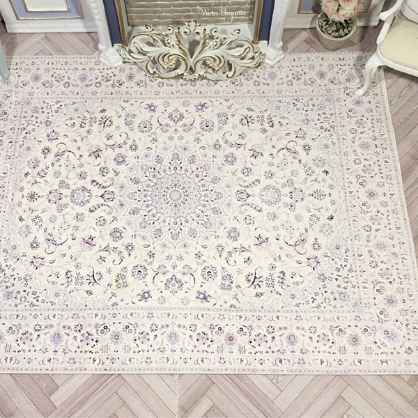Dollhouse Rug #10, 1:12, NEW, Ivory with Blues and Blush Pinks, Soft Colors, Beautiful, Light, Crisp, Gessoed Canvas