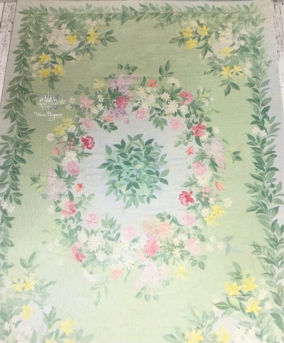 Dollhouse French Rug #13,  1:12, Reproduction Antique Rug, Floor Covering, Carpet, Faded, Soft Colors, Greenery, Florals, Artist Made