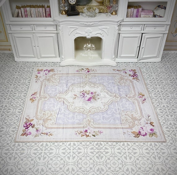 Dollhouse Miniature Rug #34,  1:12, French Style Rug, Reproduction Antique Rug, Floor Covering, Lilac and Deep Pinks, Canvas, Floor Covering
