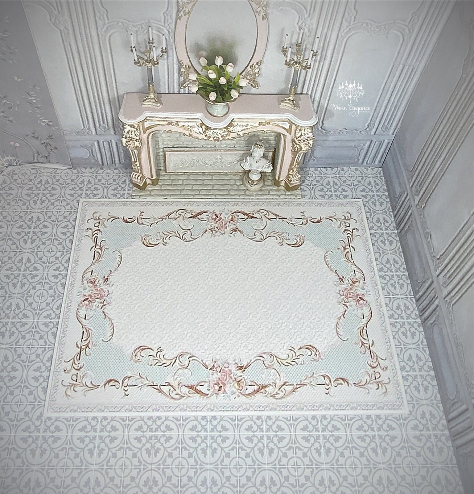 Dollhouse Rug #17, 1:12, Ivory, Mint, Pinks, Carpet, Floor Covering ...