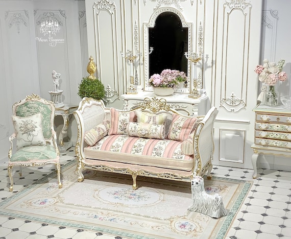 NEW Dollhouse French Aubusson Style Rug, 1:12, Floor Covering, Carpet, Antique Repro, Canvas Rug, Mint, Tan, Florals, Muted, Antique Style