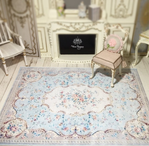 Dollhouse Aubusson Rug #43, 1:12, French Style, Rug, Floor Covering, Carpet, Antique Reproduction, Louis Blues, Pale Blues, Florals