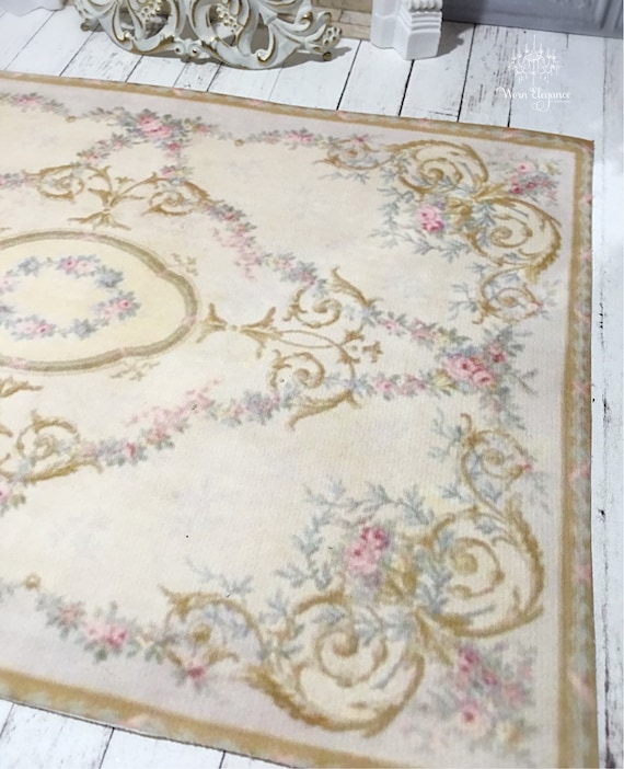 Dollhouse Rug #11, 1:12, Reproduction, French Antique Style, Floor Covering, Carpet, Aubusson Rug, Cream, Florals