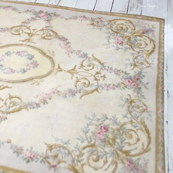 Dollhouse Rug #11, 1:12, Reproduction, French Antique Style, Floor Covering, Carpet, Aubusson Rug, Cream, Florals