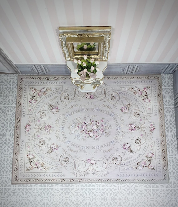 Dollhouse Miniature Rug #20, 1:12, French Rug, Floor Covering, Pale Grey, Taupe, Baskets of Pale Pink Roses, Ivory Florals, Beautiful,Carpet