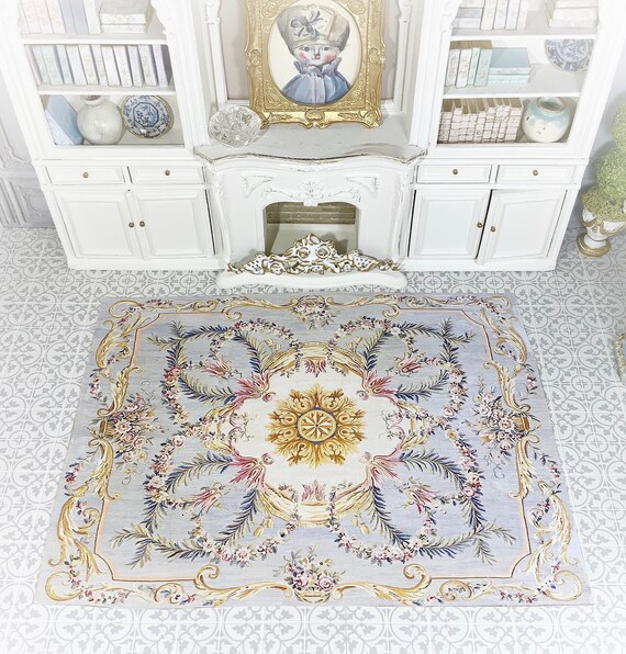 Dollhouse NEW Rug #31, 1:12, Antique Reproduction, Floor Covering, Hues of Blues, Pinks, Ivory, French Rug, Medallion, Floral Swags, Canvas
