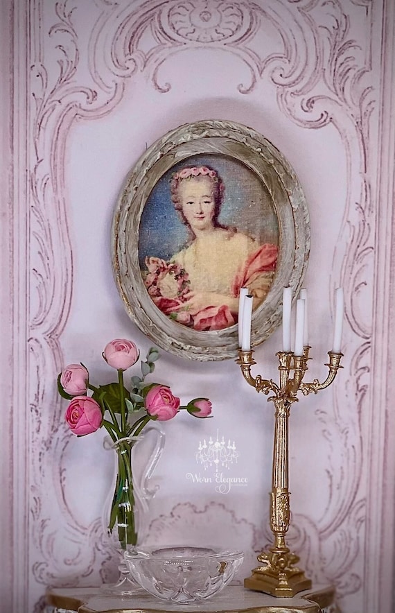 18th c. French Lady Portrait in Oval Frame, 1:12, Artisan Made- France, Dollhouse Miniature, Framed Portrait, Wall Art, OOAK, French decor