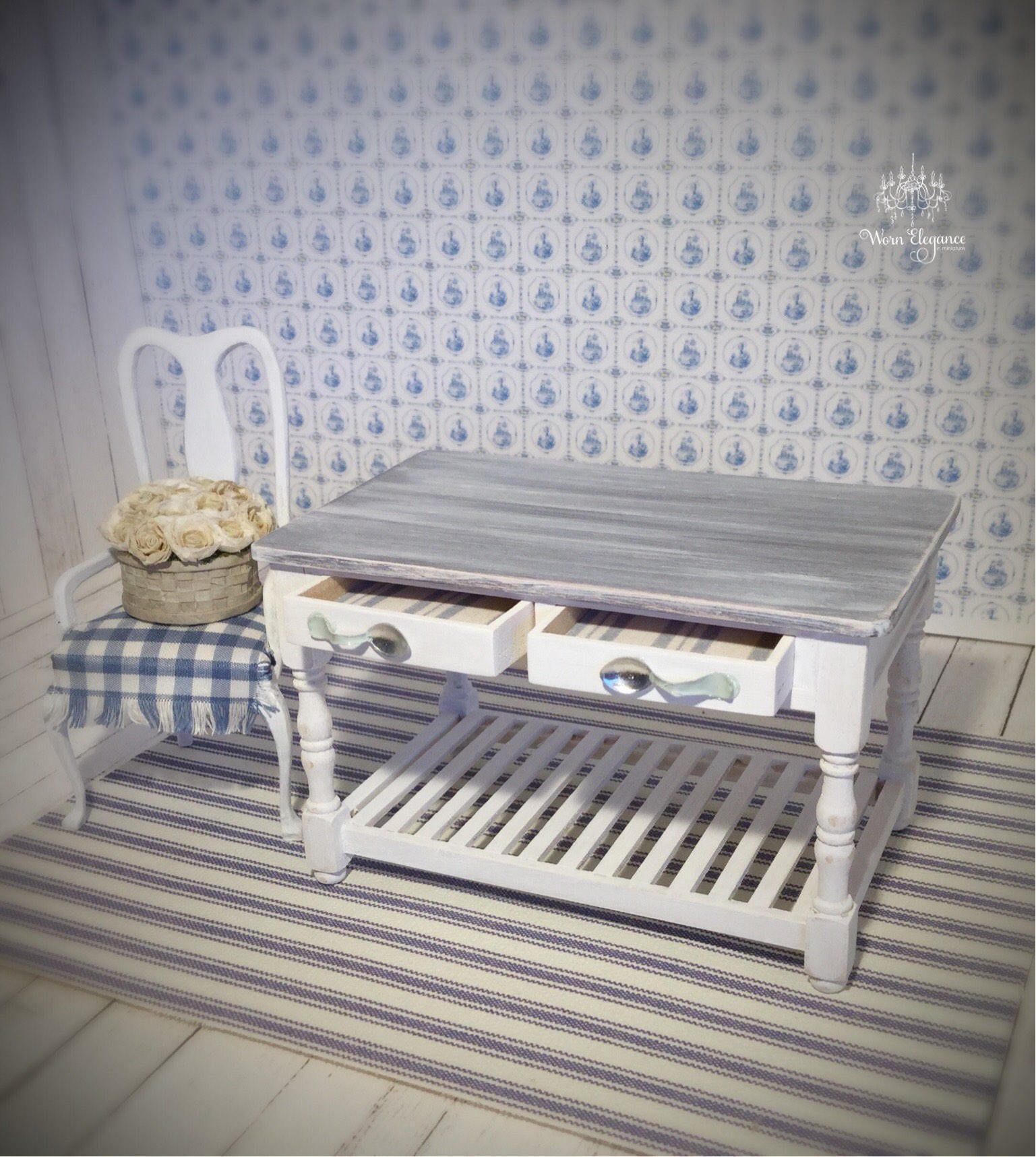 Download Dollhouse Miniatures Kitchen Table, 1:12, Prep Table, Display Table, Two Drawers, Spoon Pulls ...