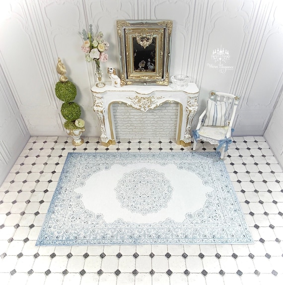 Dollhouse Rug #47, 1:12, Tufted Style, Sculptured Carpet Style, Light Blues, Medallion Rug, Floor Covering, Carpet, Print on Canvas, Weight