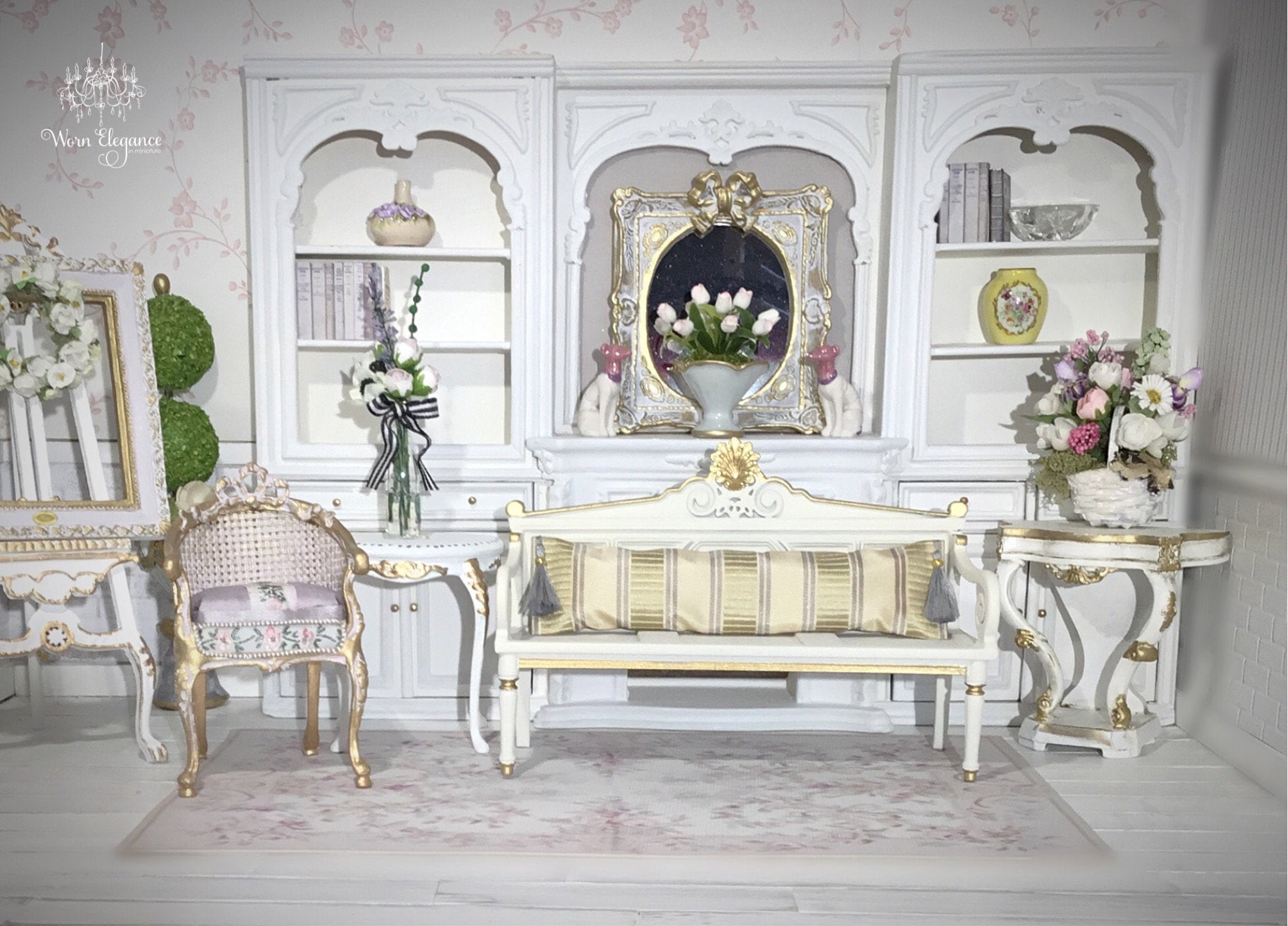 Dollhouse Miniature Ornate Mirror, 112, Blush Pink, Gold Gilded