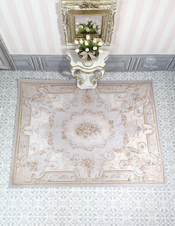Dollhouse Miniature Rug #9, 1:12, Soft Blue-Grey, Ivory, Blush, French, Aubusson Rug, Floral, Baskets, Floor Covering, Carpet, Neutrals