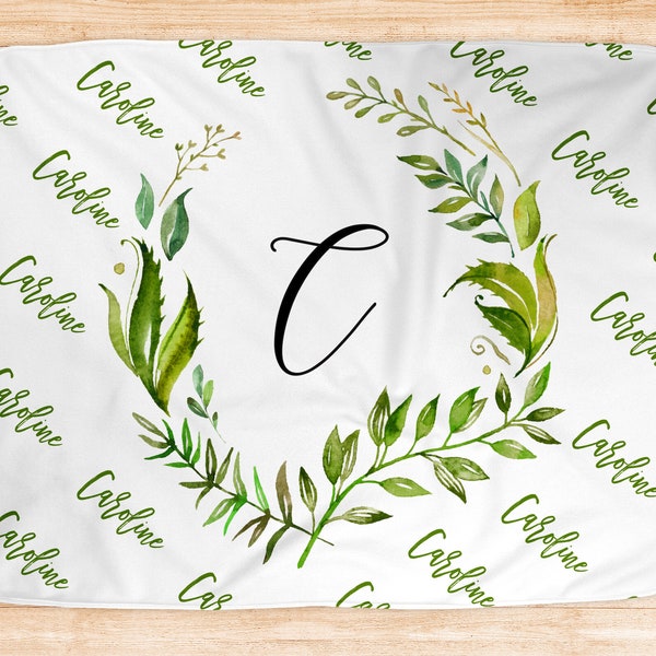 Baby Blanket, Green Leaves, Foliage Decor, Tropical Blanket, Monogrammed Baby Blanket, Unisex Gift, Neutral Nursery Theme, Name Throw