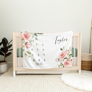 Pink Rose Girl Milestone Baby Blanket, Growth Tracker, Pink Flowers, Personalized Baby Blanket, Track Growth Age, New Mom Baby Shower Gift