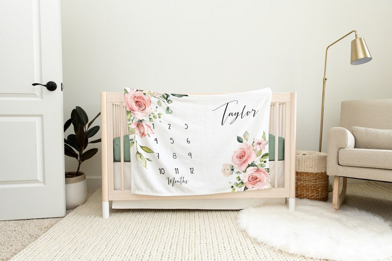 Girl Milestone Baby Blanket, Growth Tracker, Pink Flowers, Personalized Baby Blanket, Track Growth and Age, New Mom Baby Shower Gift 