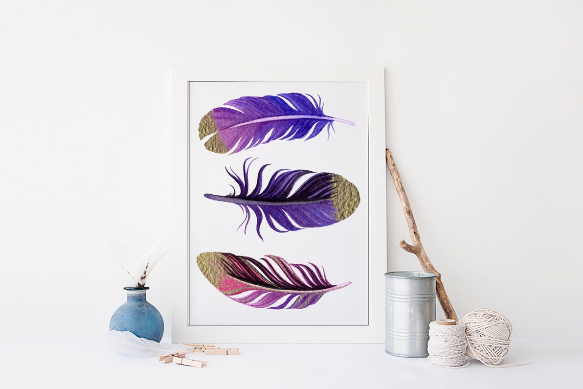 Gold Feather Wall Art Dorm Decor Purple Feather Printable Etsy