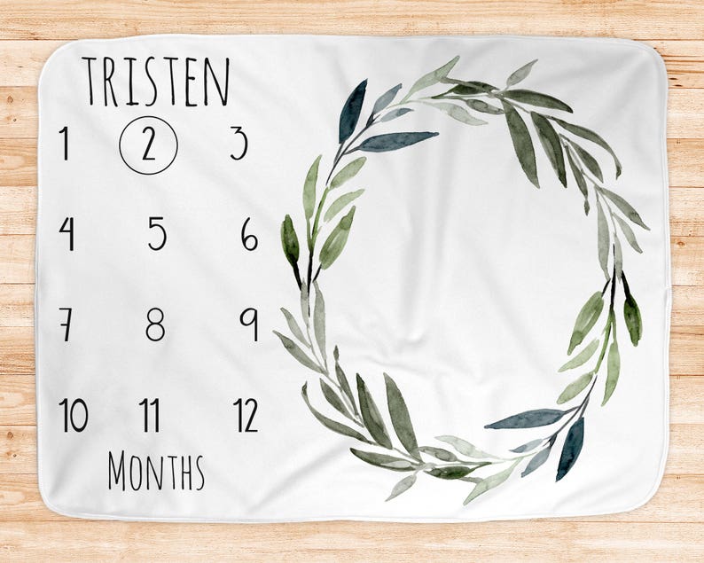 Baby Shower Gift Foliage Blanket Unisex Blanket SKU015 Baby Boy Milestone Blanket Laurel Boy Month Blanket Green Leaves